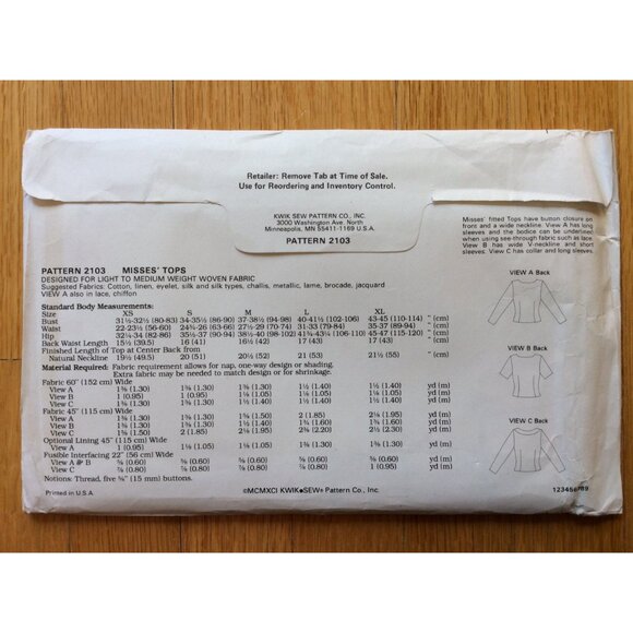 Misses Blouse Pattern Long or Short Sleeve XS - XL Kwik Sew 2103 UNCUT Sealed - Picture 2 of 7